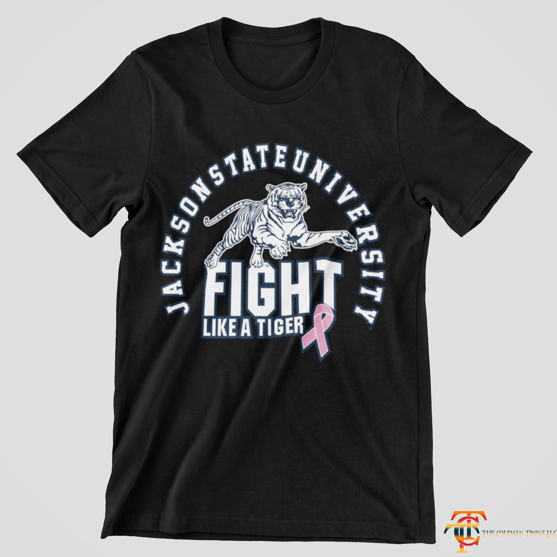 Black short sleeve V-neck T-shirt with tiger Fight Like a Tiger front graphic