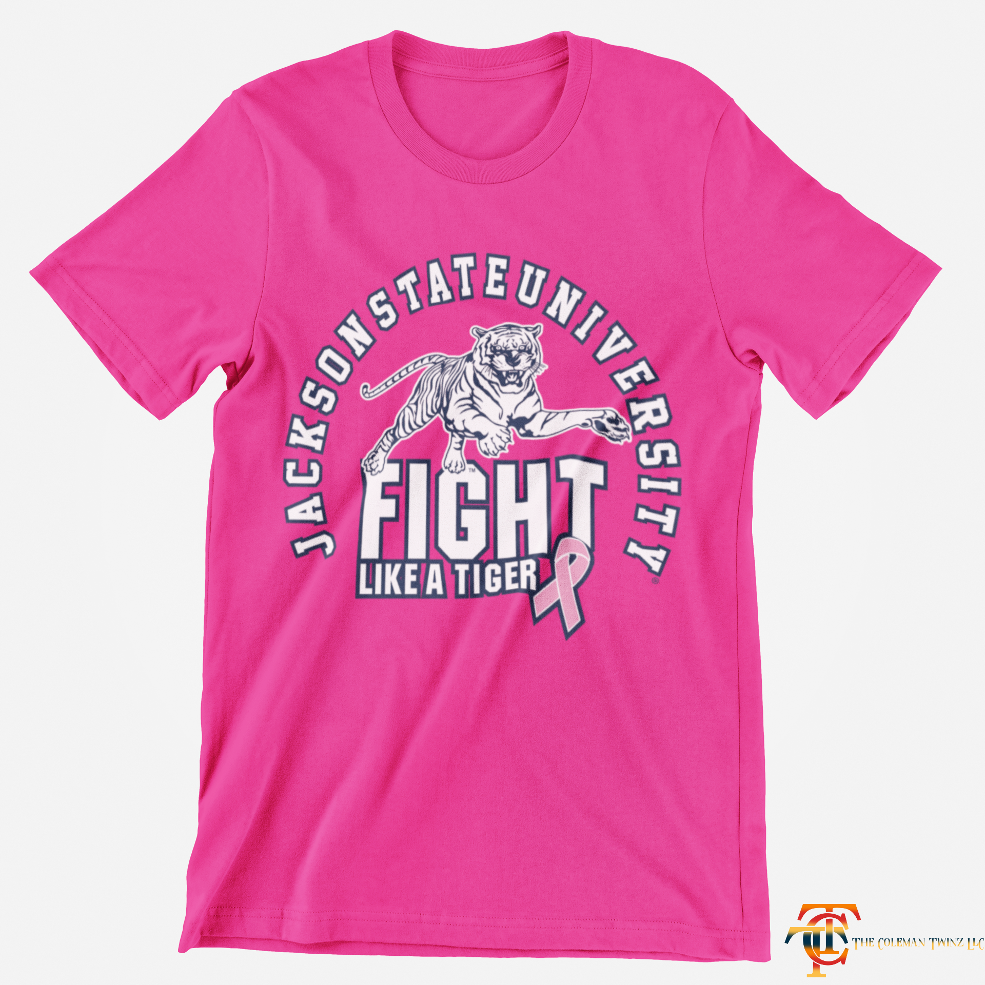 Pink short sleeve V-neck T-shirt with tiger Fight Like a Tiger front graphic