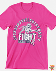 Pink short sleeve V-neck T-shirt with tiger Fight Like a Tiger front graphic