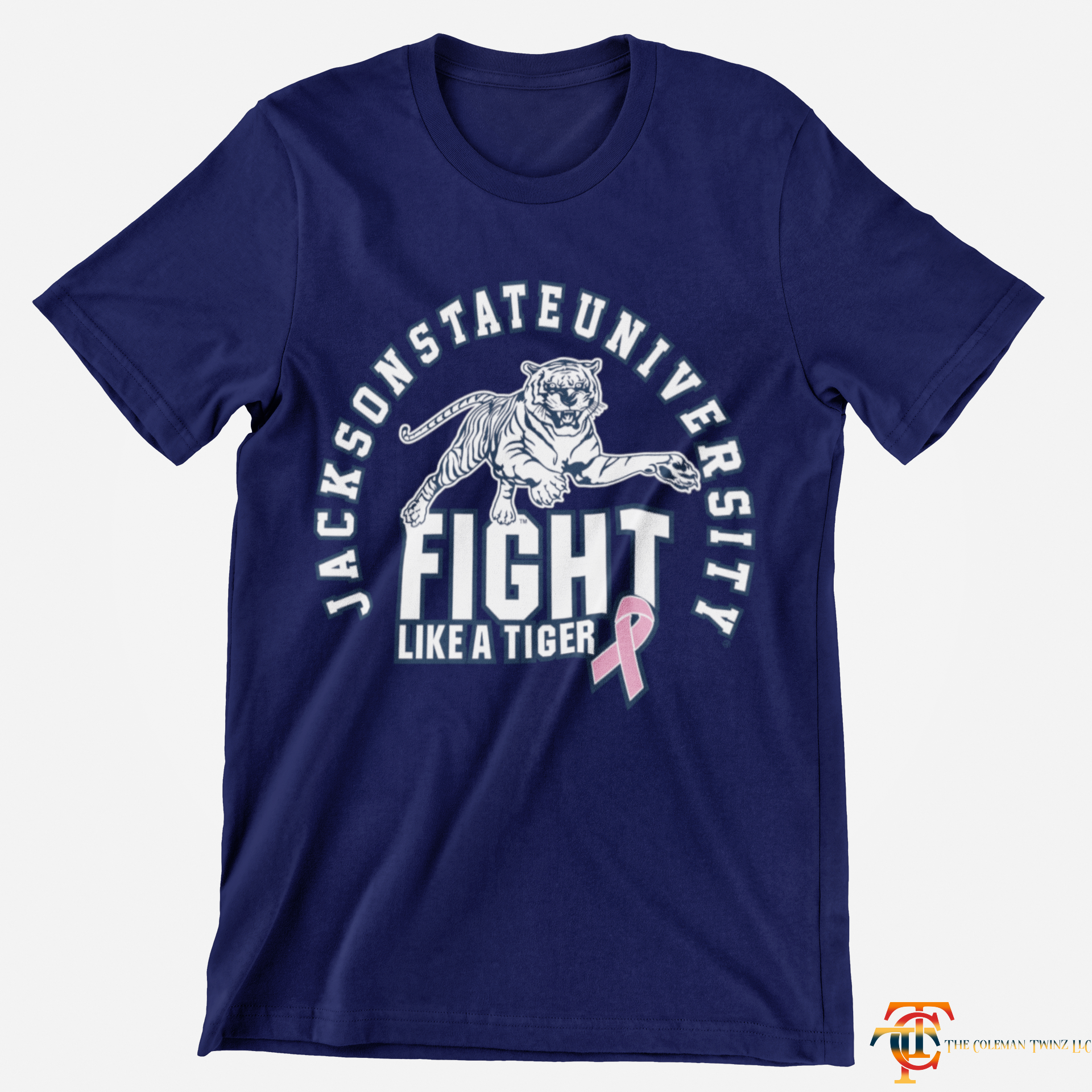 Navy short sleeve V-neck T-shirt with tiger Fight Like a Tiger front graphic