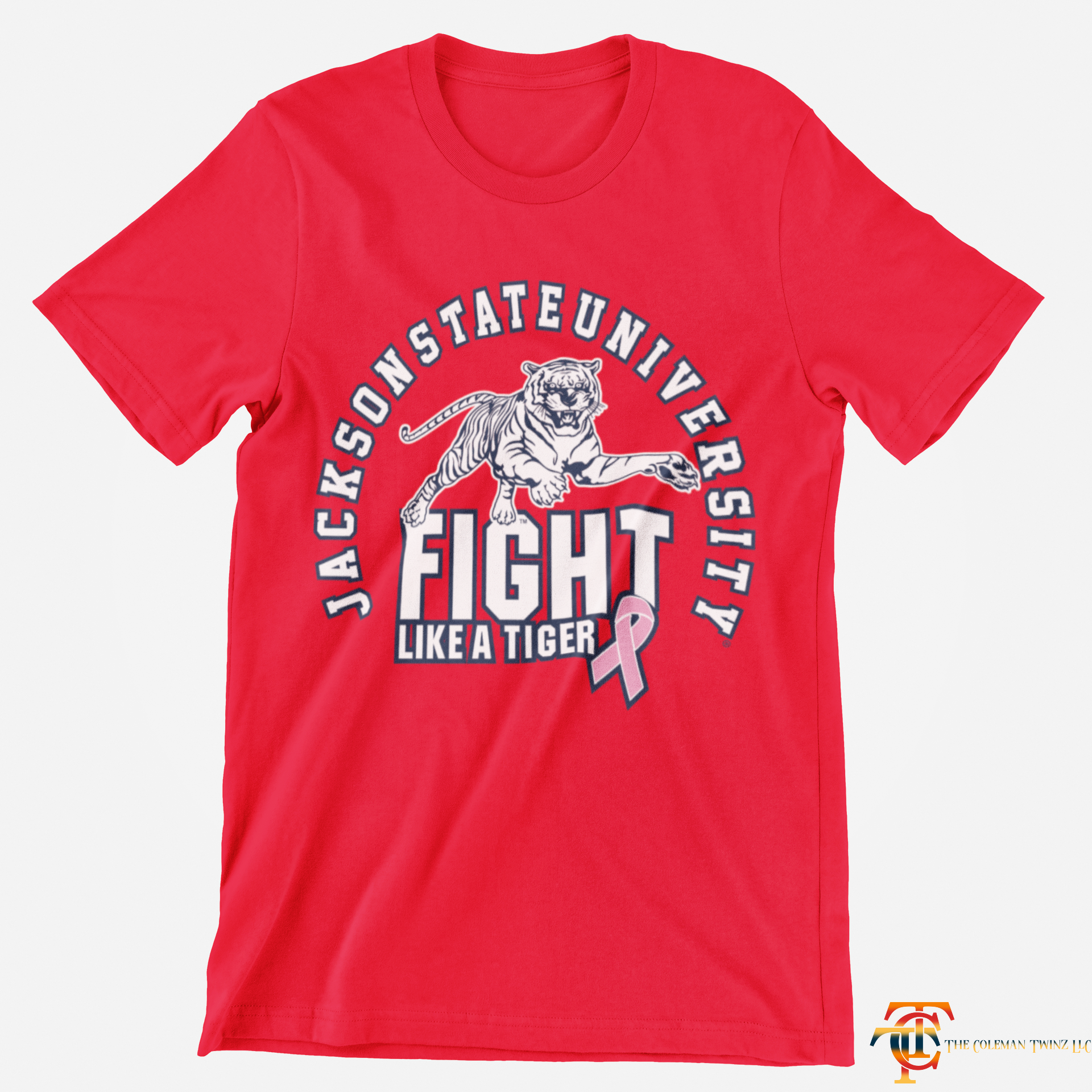 Red short sleeve V-neck T-shirt with tiger Fight Like a Tiger front graphic