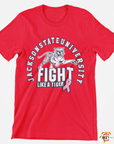 Red short sleeve V-neck T-shirt with tiger Fight Like a Tiger front graphic