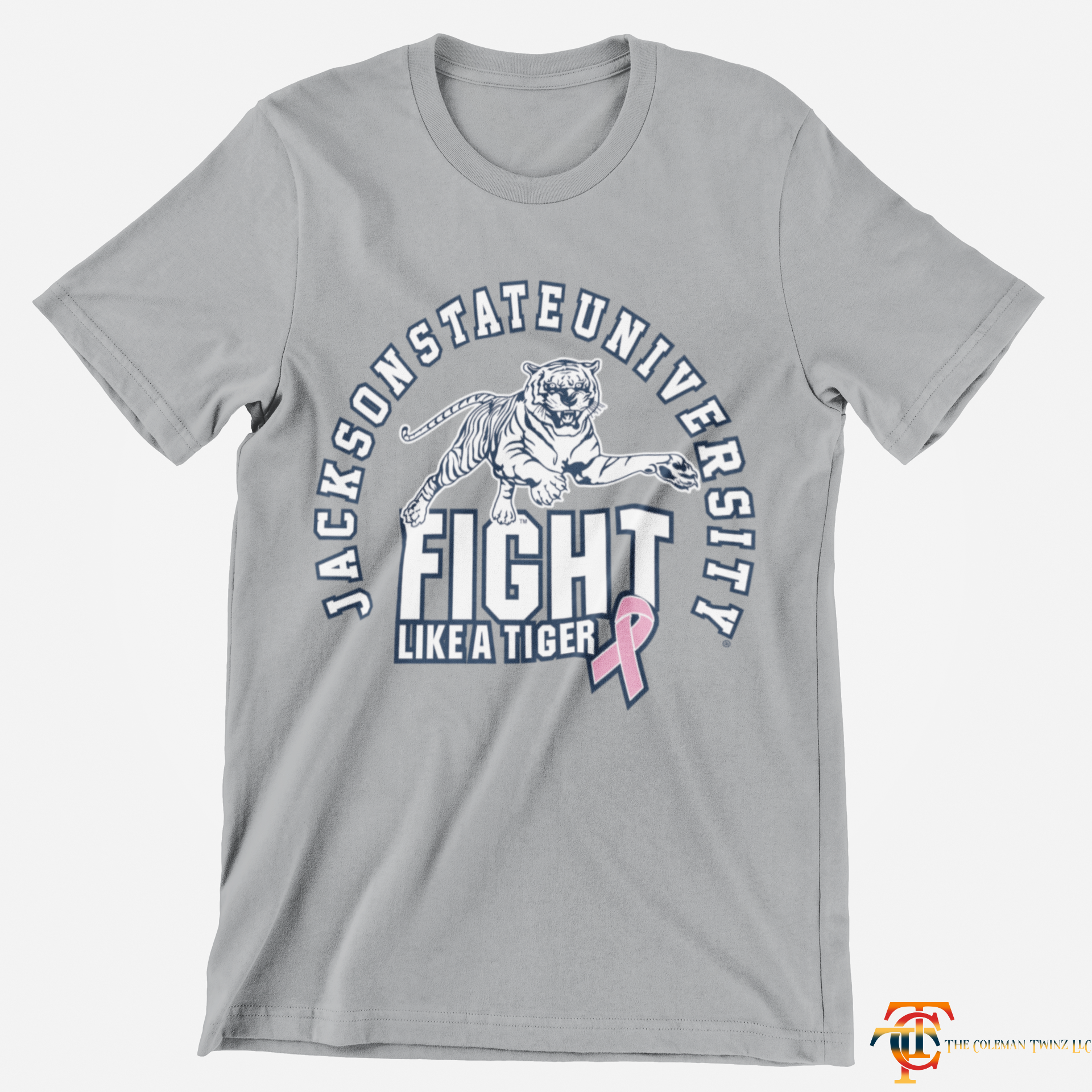 Gray short sleeve V-neck T-shirt with tiger Fight Like a Tiger front graphic