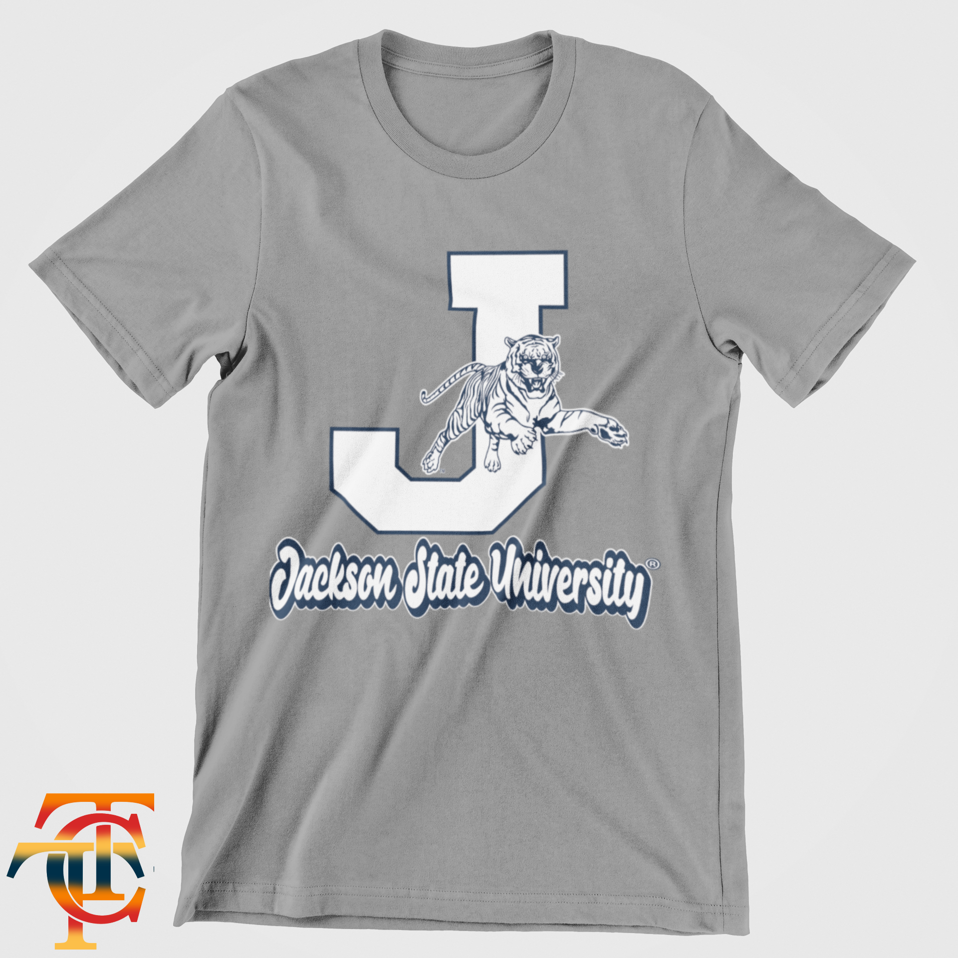 Heather gray toddler crewneck T-shirt with large J and leaping tiger mascot graphic