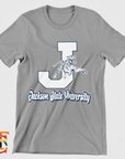 Heather gray toddler crewneck T-shirt with large J and leaping tiger mascot graphic