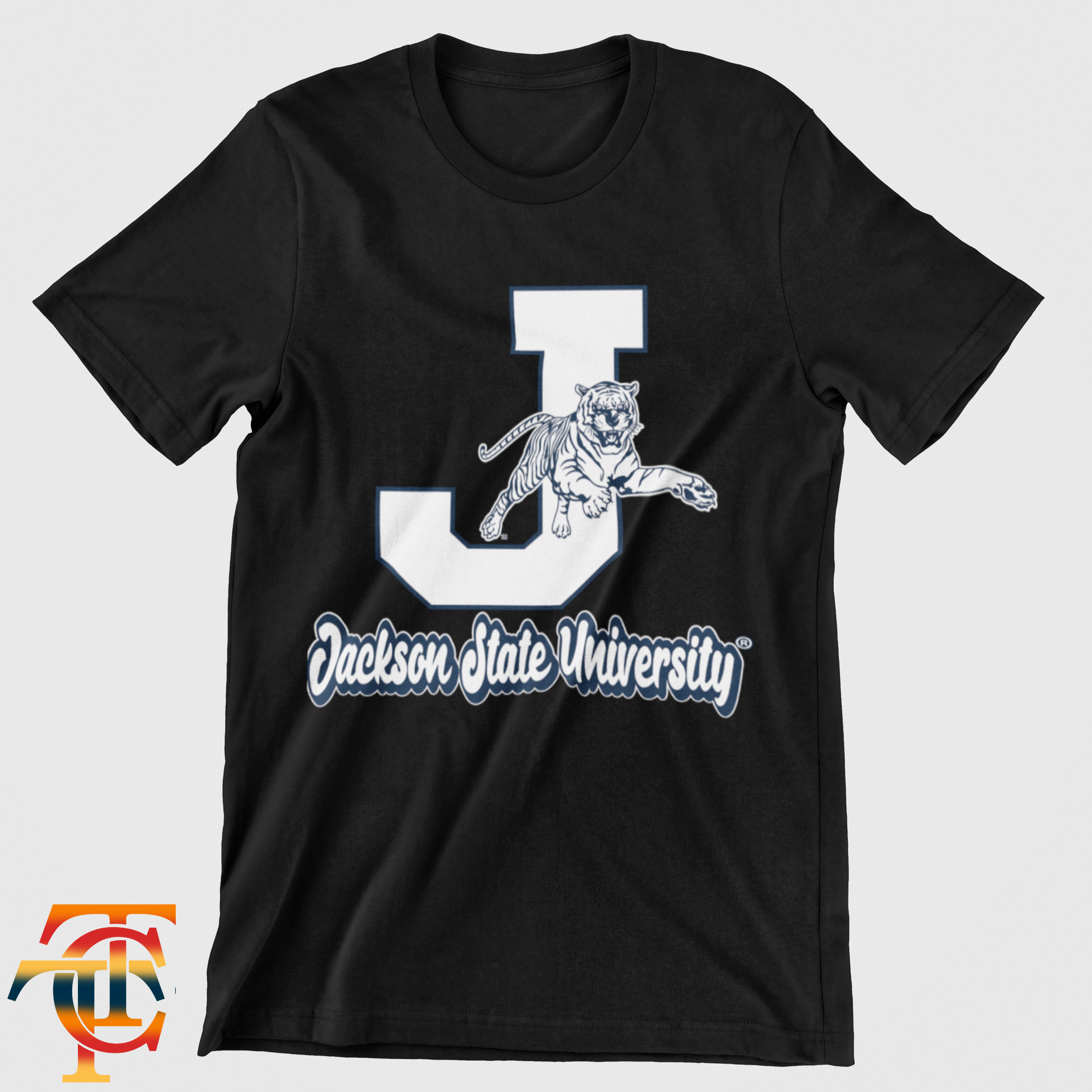 Black toddler crewneck T-shirt with large J and leaping tiger mascot graphic