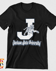 Black toddler crewneck T-shirt with large J and leaping tiger mascot graphic