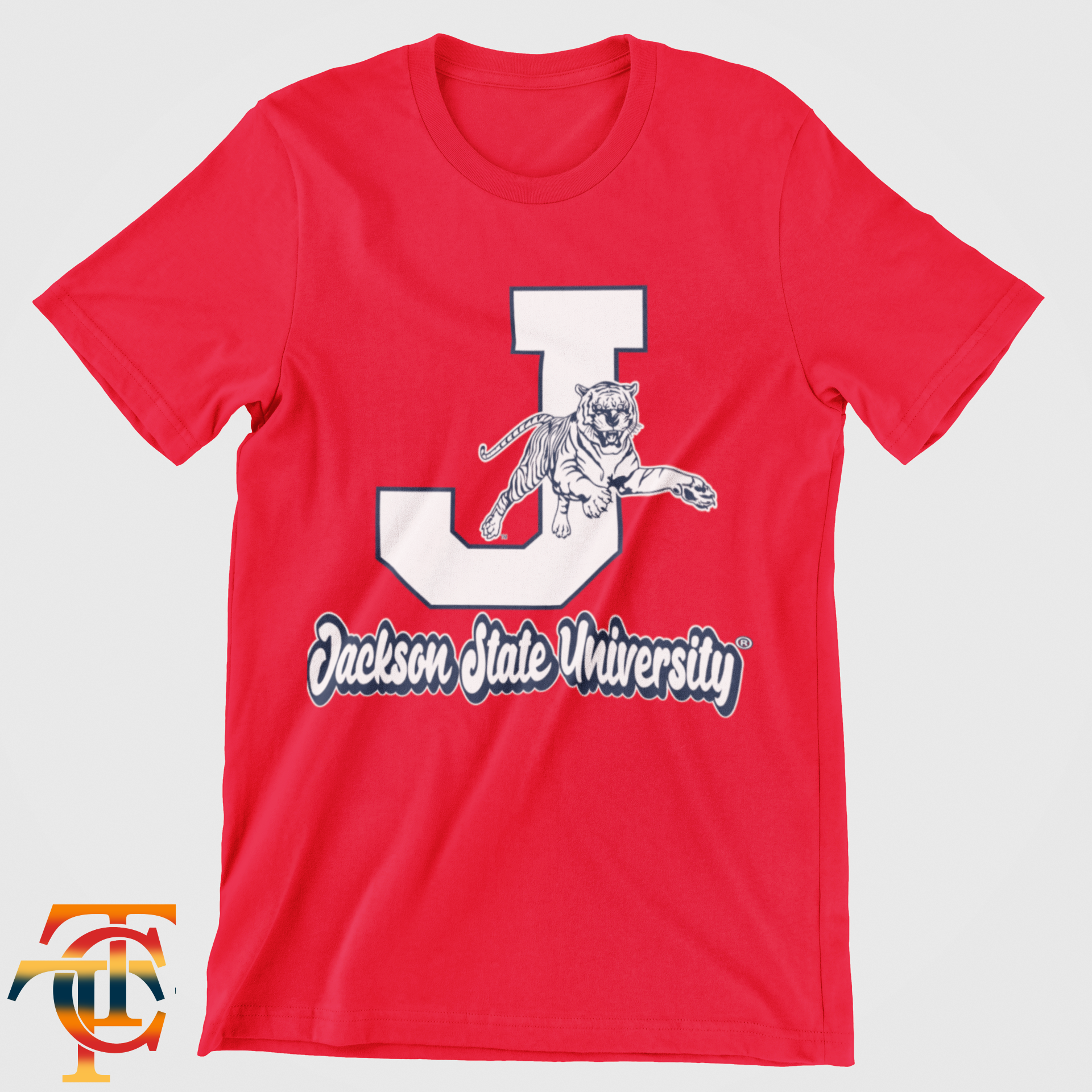 Red toddler crewneck T-shirt with large J and leaping tiger mascot graphic