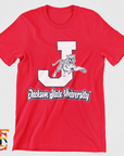 Red toddler crewneck T-shirt with large J and leaping tiger mascot graphic