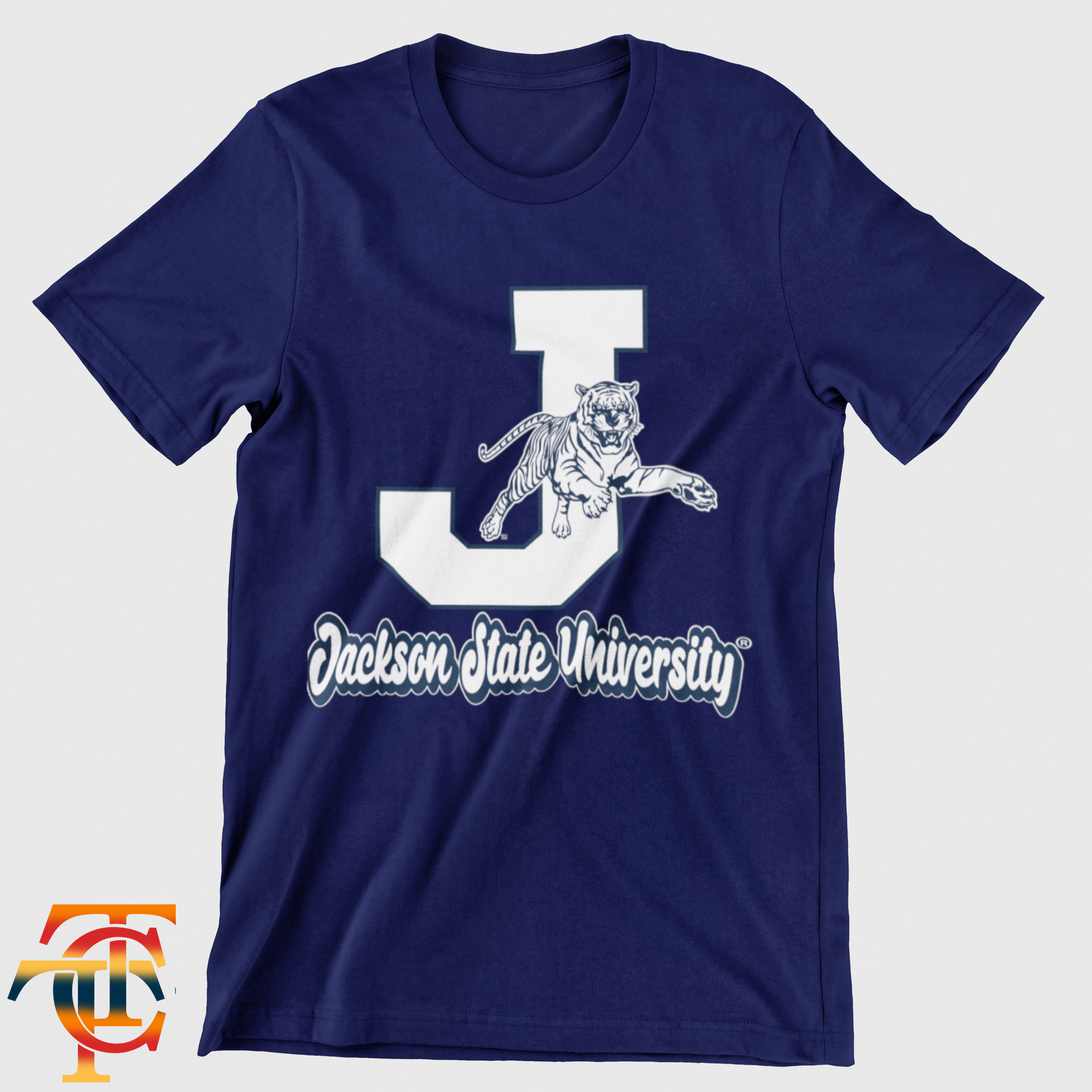Navy blue toddler crewneck T-shirt with large J and leaping tiger mascot graphic