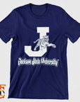 Navy blue toddler crewneck T-shirt with large J and leaping tiger mascot graphic