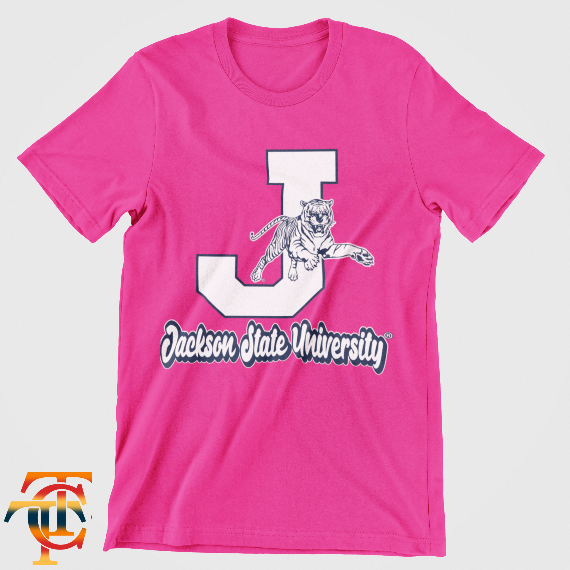 Pink toddler crewneck T-shirt with large J and leaping tiger mascot graphic