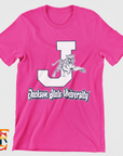 Pink toddler crewneck T-shirt with large J and leaping tiger mascot graphic