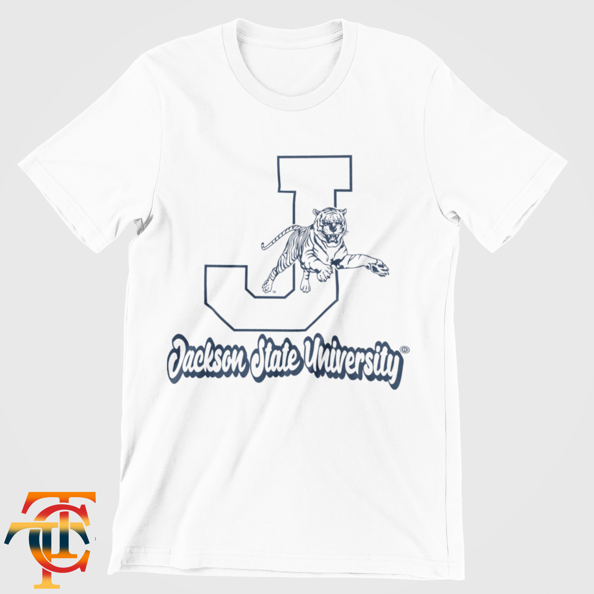 White toddler crewneck T-shirt with large J and leaping tiger mascot graphic