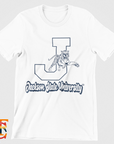 White toddler crewneck T-shirt with large J and leaping tiger mascot graphic