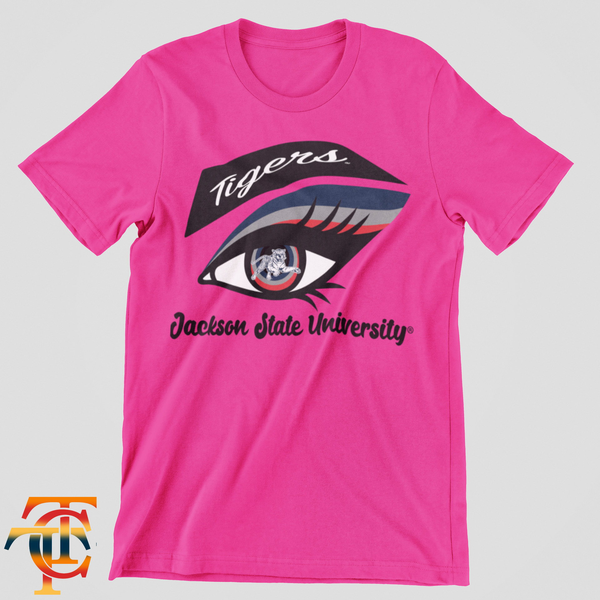 Pink unisex crew neck T-shirt with large Tigers eye logo and “Jackson State University”