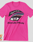 Pink unisex crew neck T-shirt with large Tigers eye logo and “Jackson State University”
