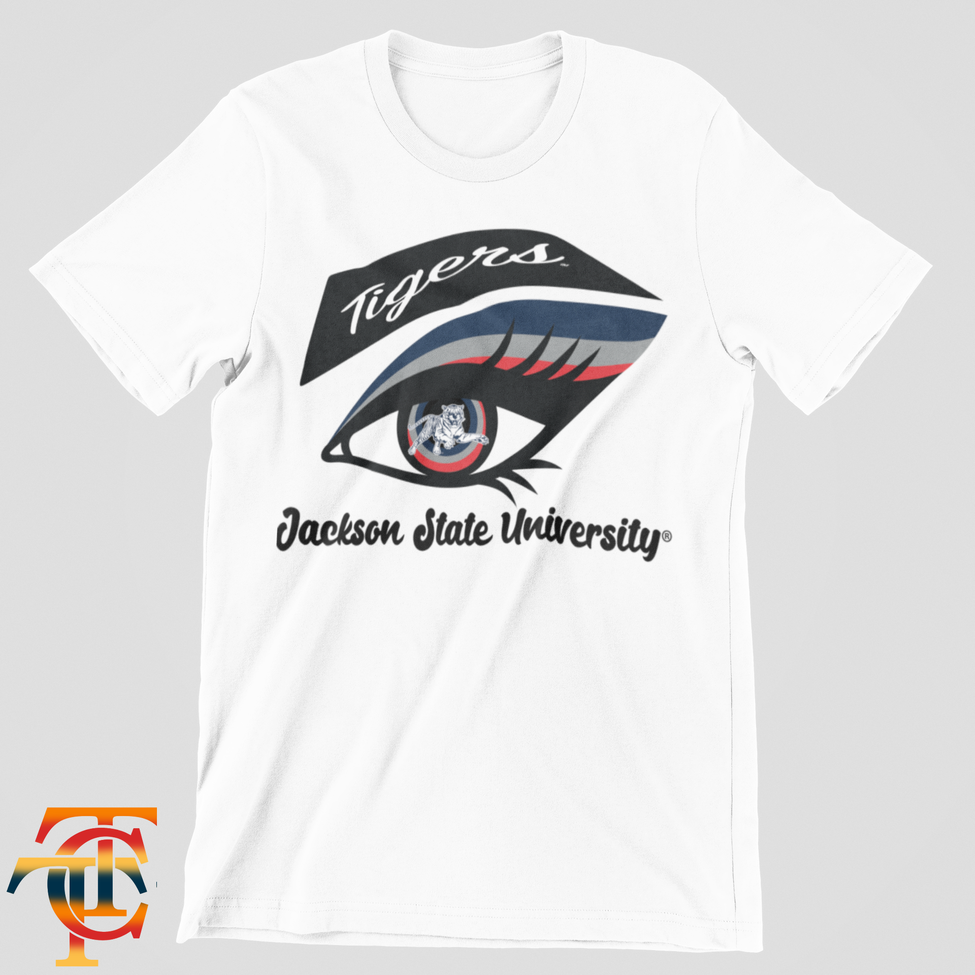 White unisex crew neck T-shirt with Tigers eye logo and “Jackson State University”