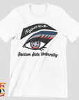 White unisex crew neck T-shirt with Tigers eye logo and “Jackson State University”