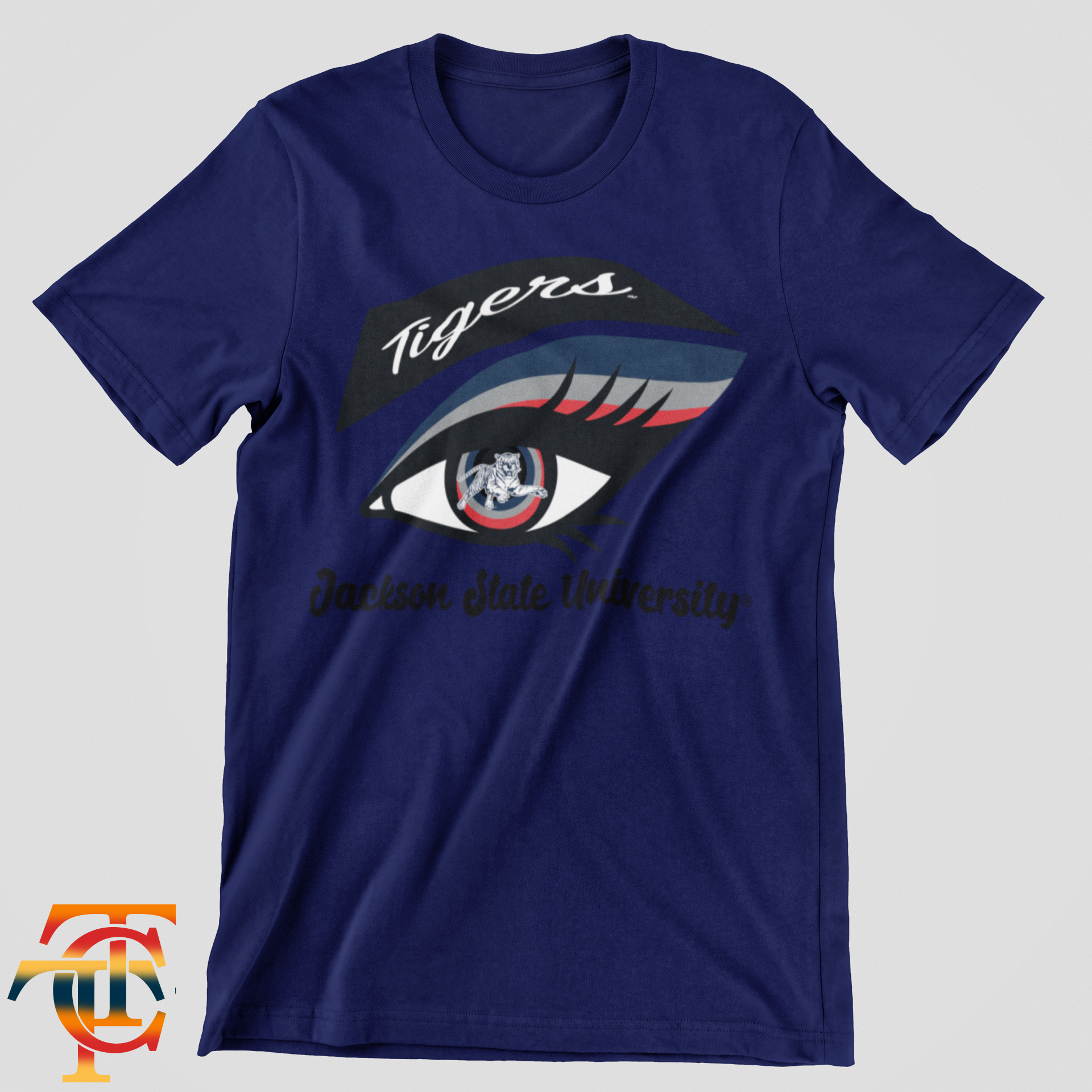 Navy unisex crew neck T-shirt with Tigers eye logo and “Jackson State University”