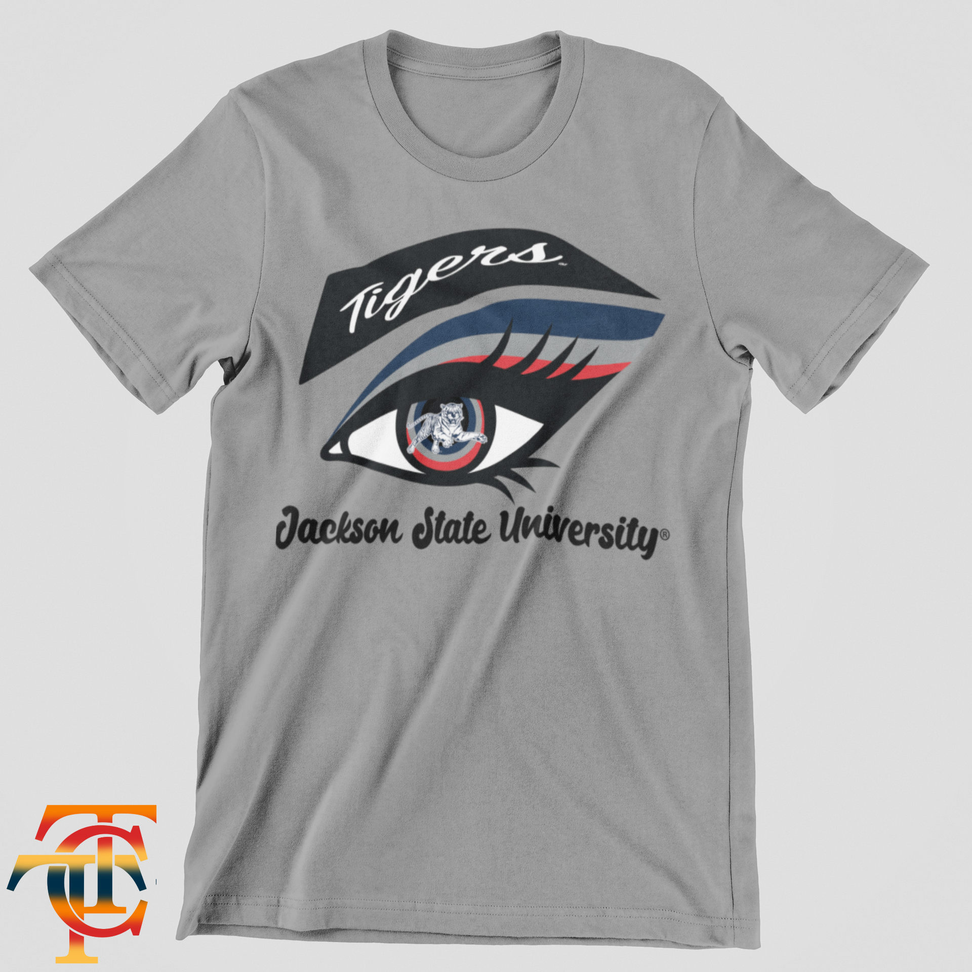 Gray unisex crew neck T-shirt with Tigers eye logo and “Jackson State University”