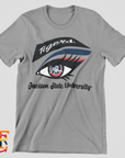 Gray unisex crew neck T-shirt with Tigers eye logo and “Jackson State University”