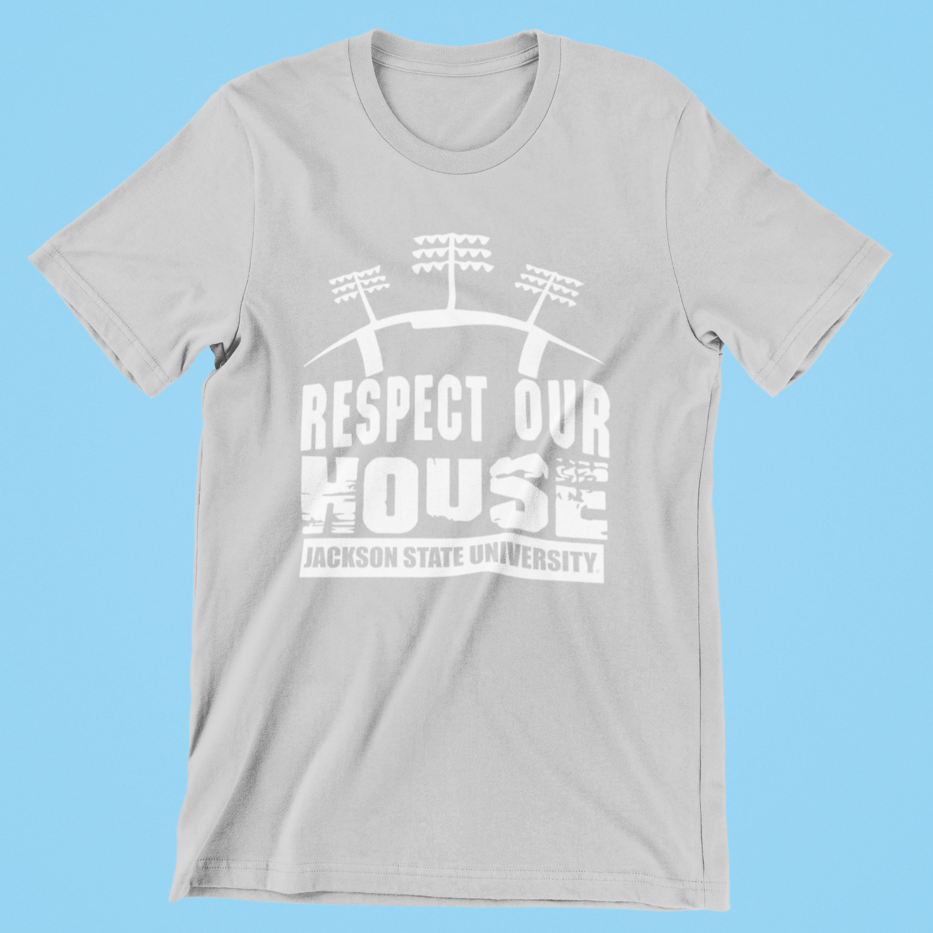 Light gray short-sleeve crew neck T-shirt with "Respect Our House" and "Jackson State University" print