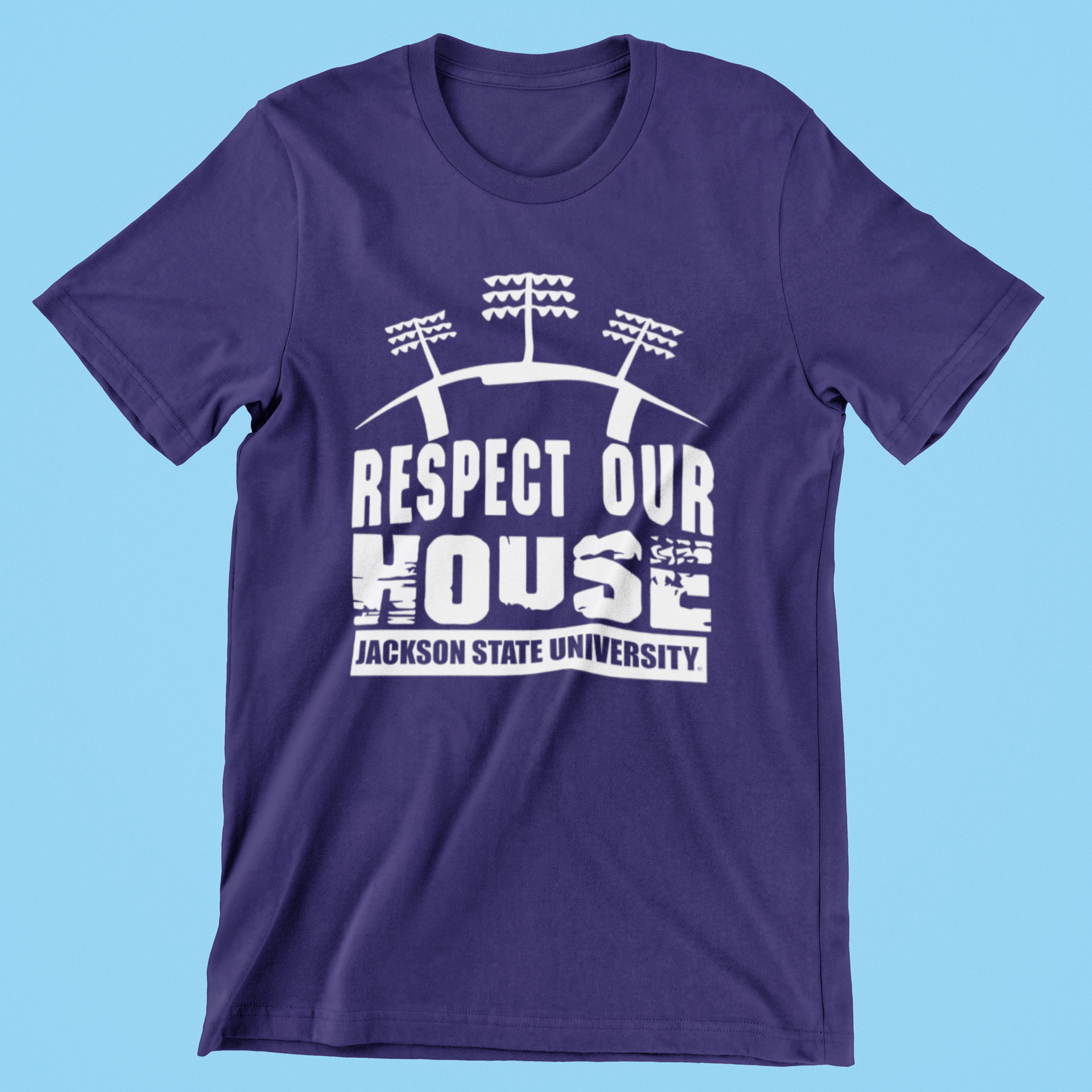 Dark purple short-sleeve crew neck T-shirt with "Respect Our House" school graphic