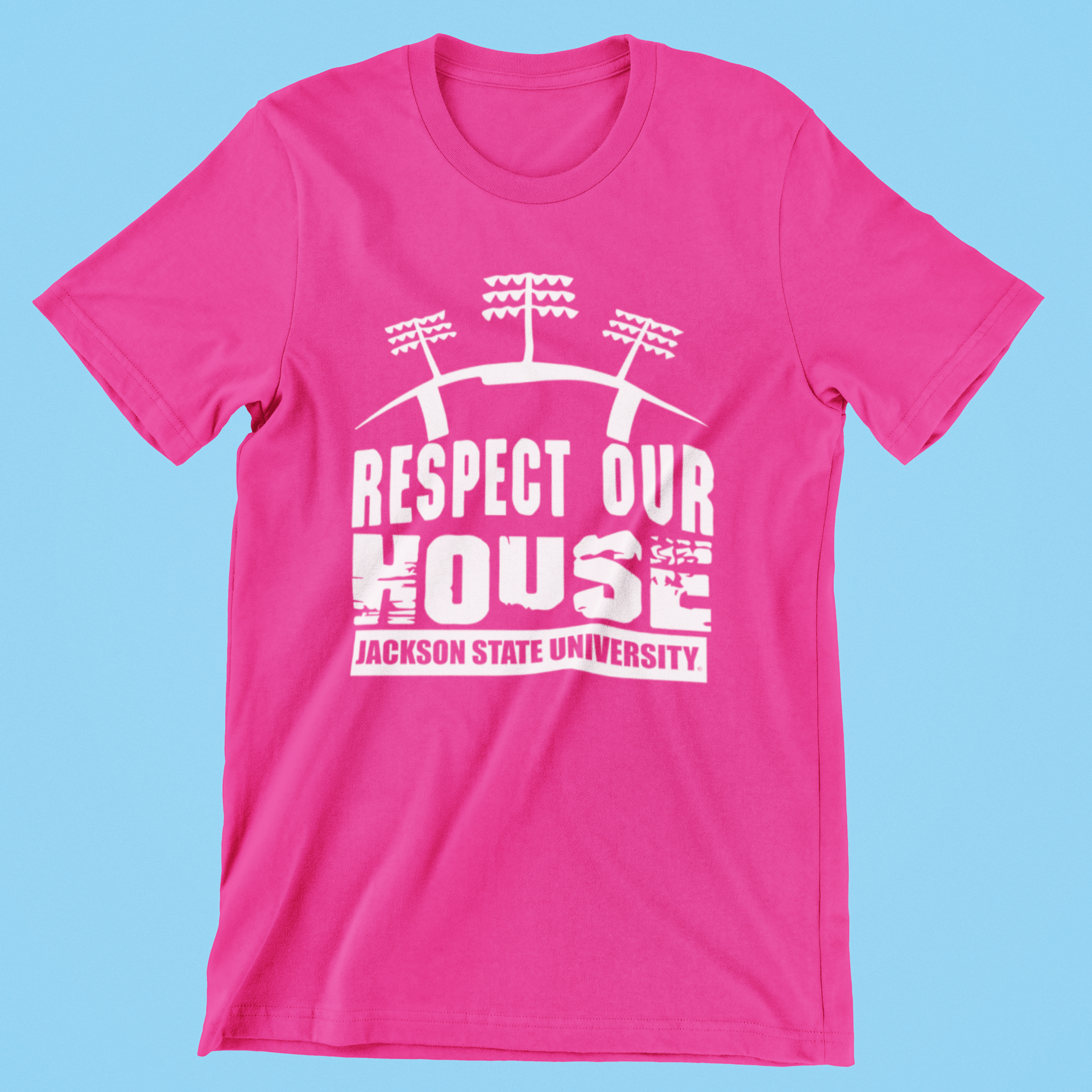 Pink short-sleeve crew neck T-shirt with "Respect Our House" and "Jackson State University" print