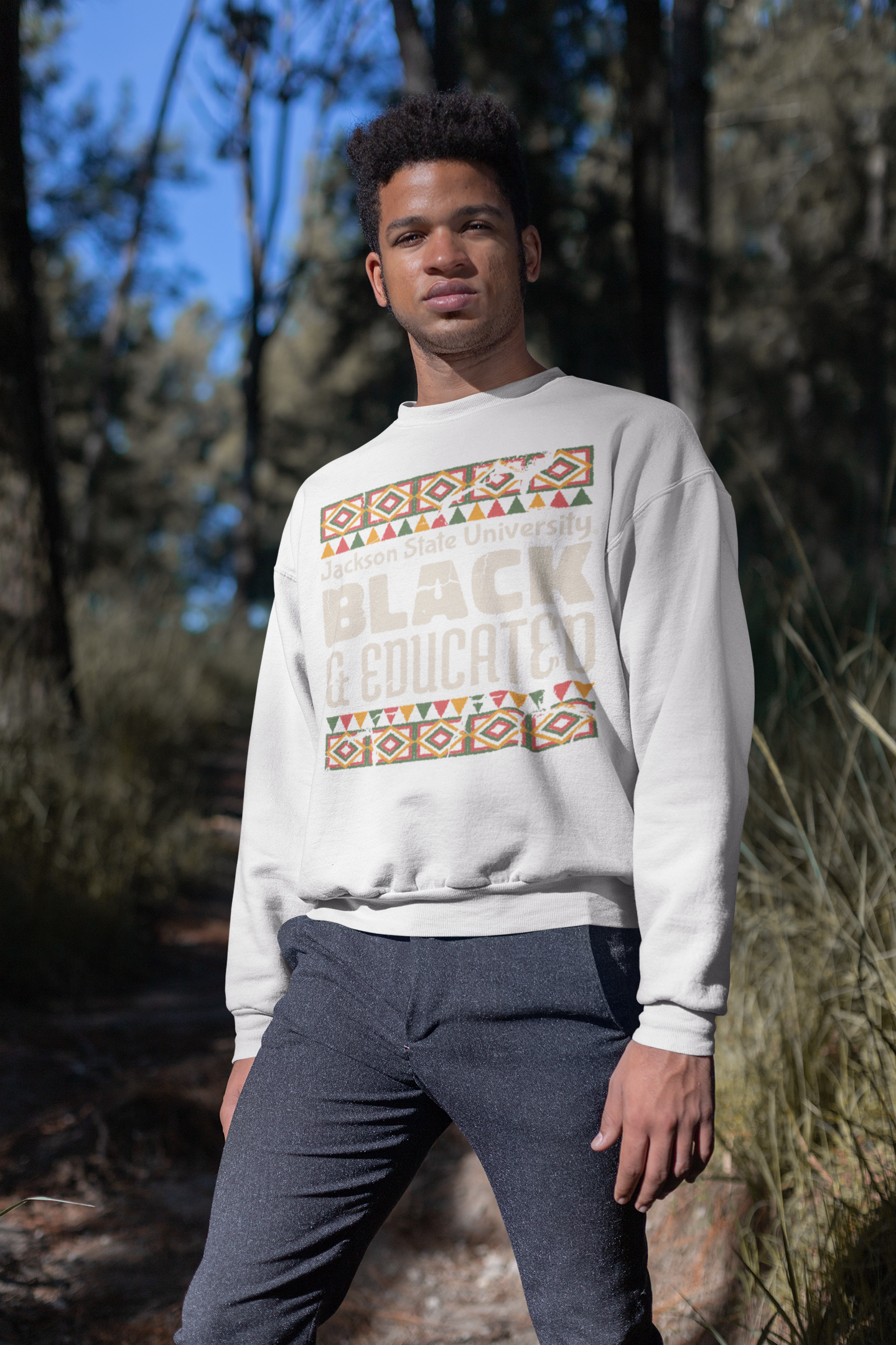White crewneck sweatshirt with “Jackson State University” Black &amp; Educated graphic