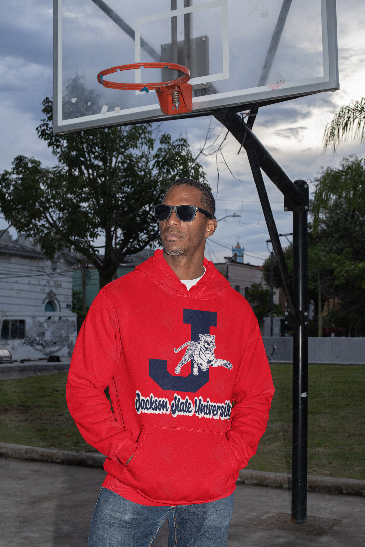 Red unisex pullover hoodie with front tiger graphic and university logo on chest