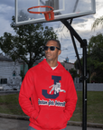 Red unisex pullover hoodie with front tiger graphic and university logo on chest
