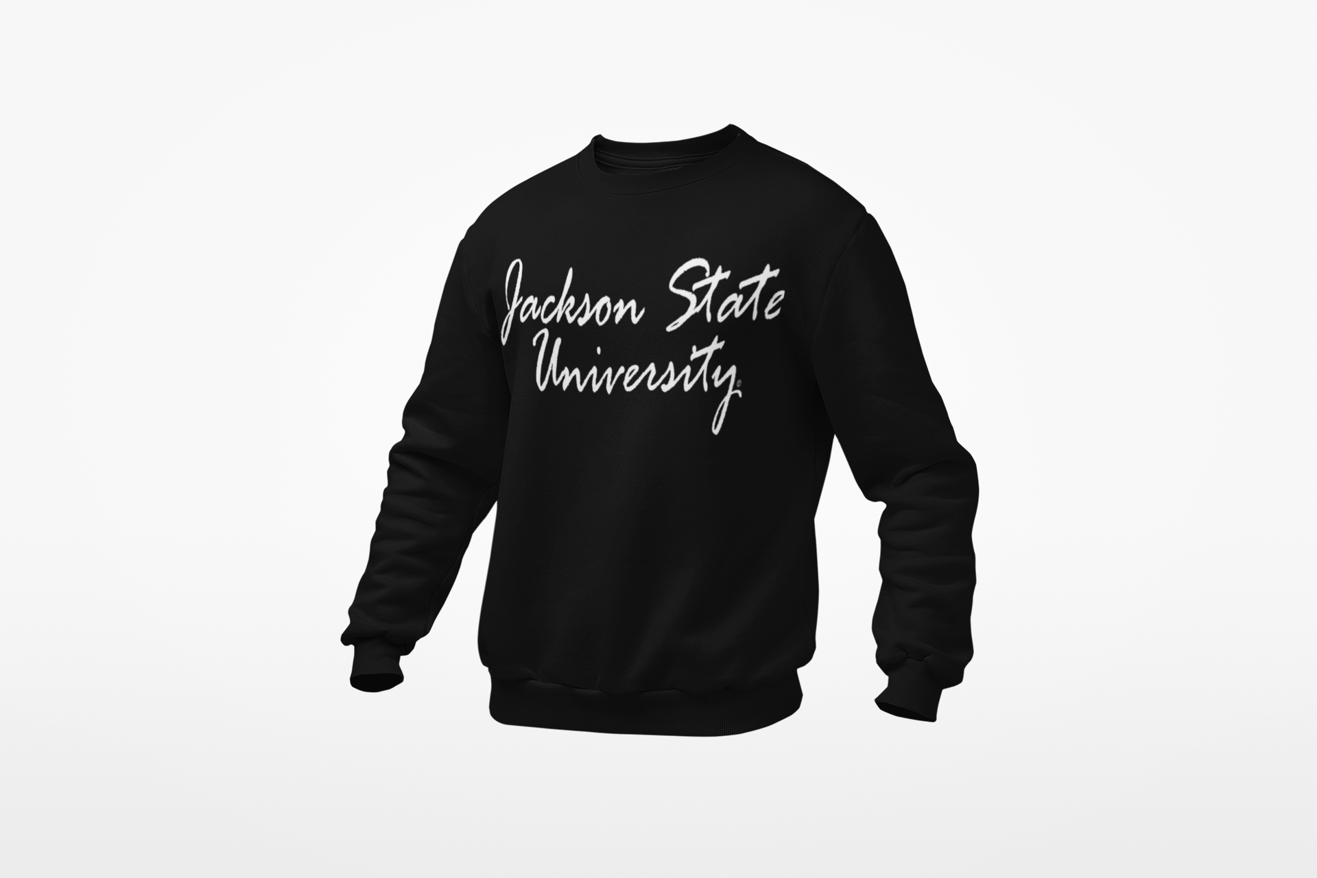 Black unisex crewneck sweatshirt with white script university logo