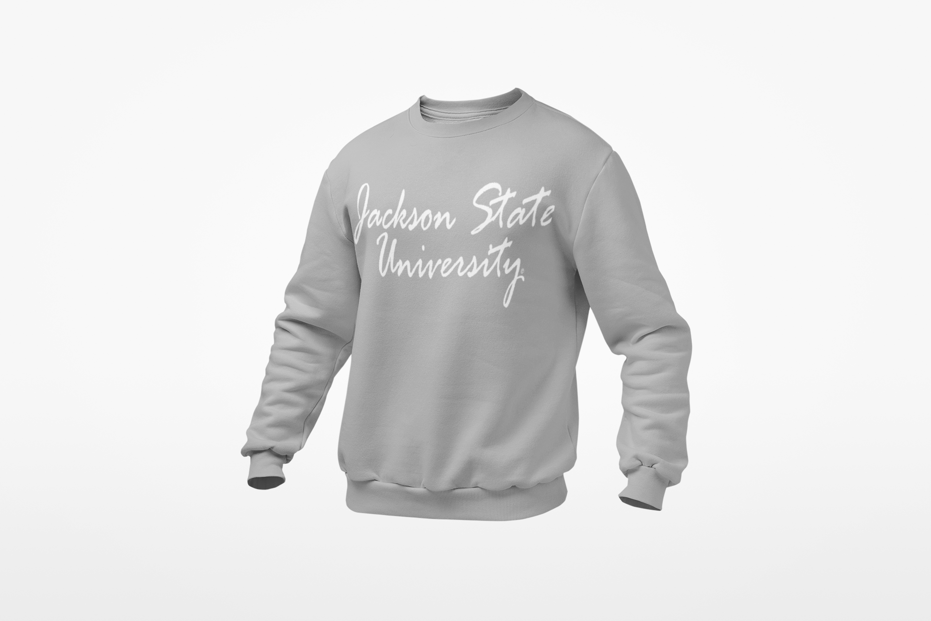 Light gray unisex crewneck sweatshirt with white script university logo