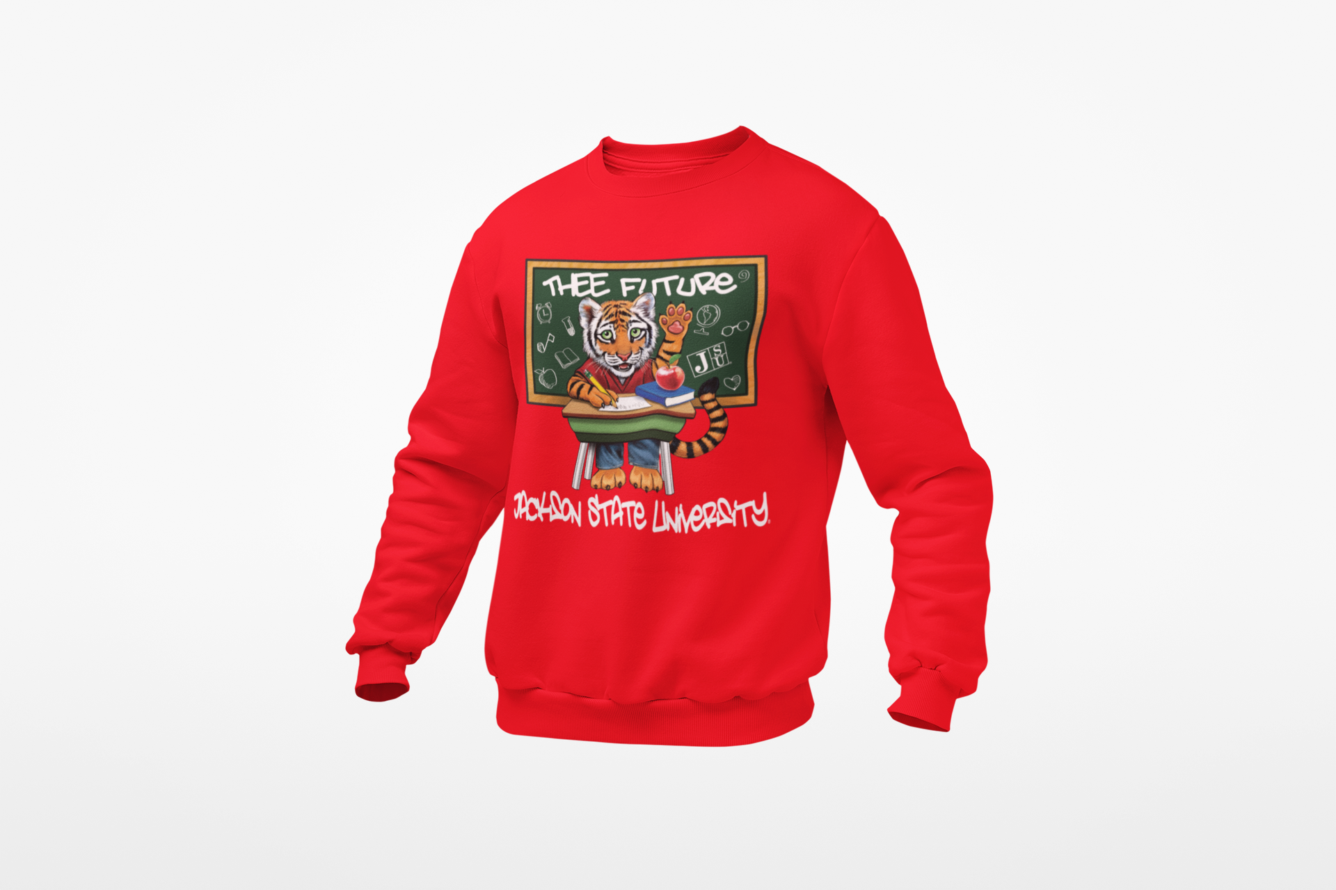 Red toddler sweatshirt with front cartoon tiger graphic and "Thee Future" text