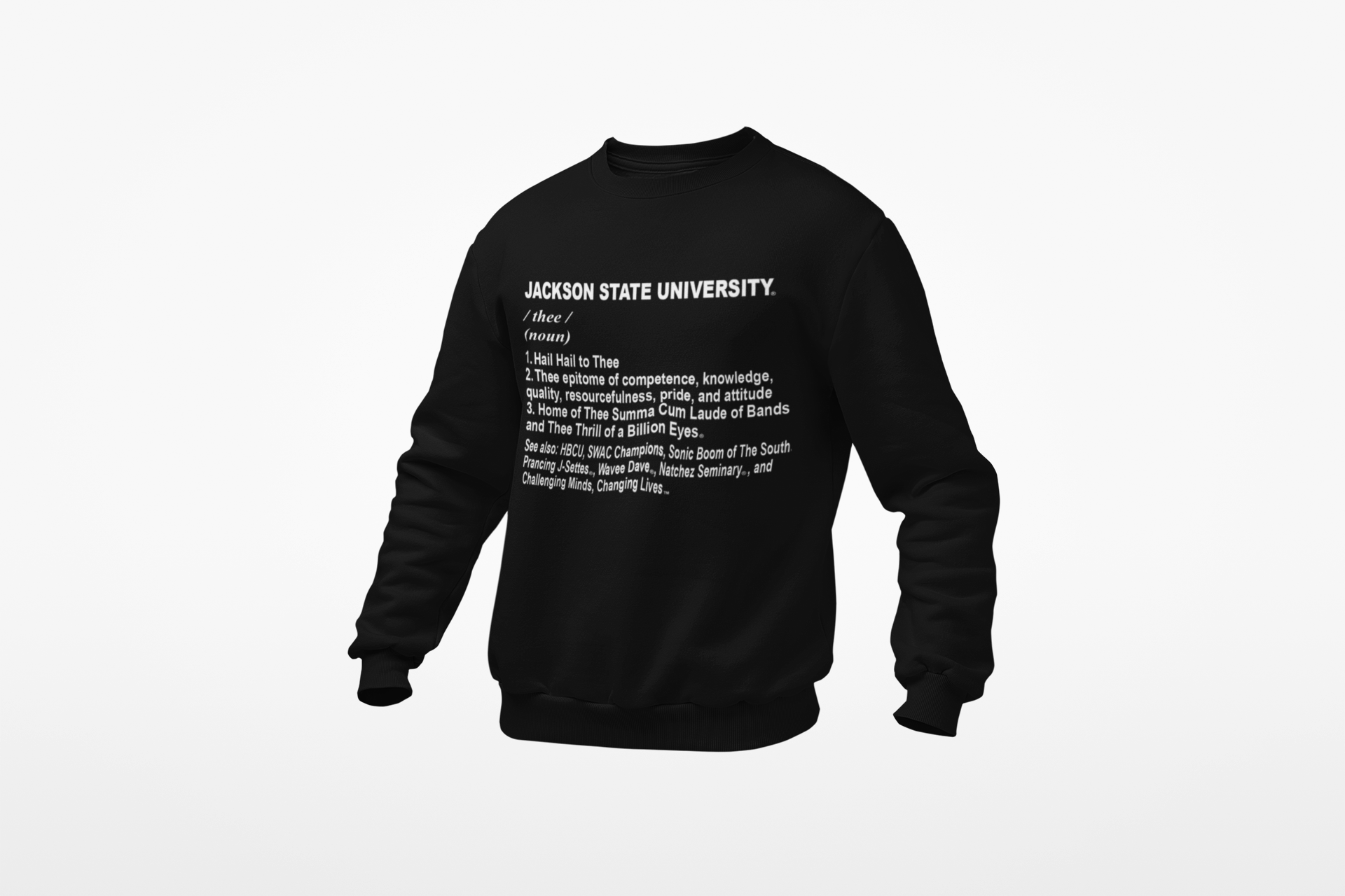 Youth crewneck sweatshirt, black with white Jackson State University text graphic
