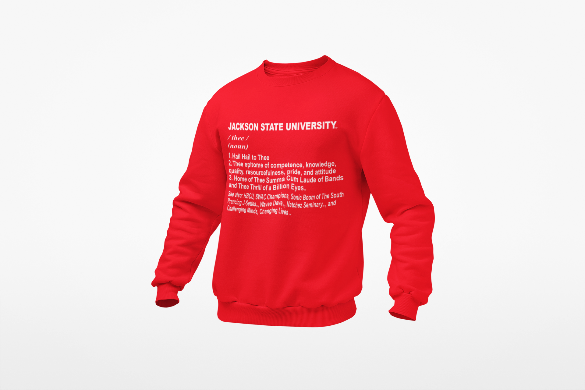 Youth crewneck sweatshirt, red with white Jackson State University text graphic