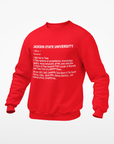 Youth crewneck sweatshirt, red with white Jackson State University text graphic