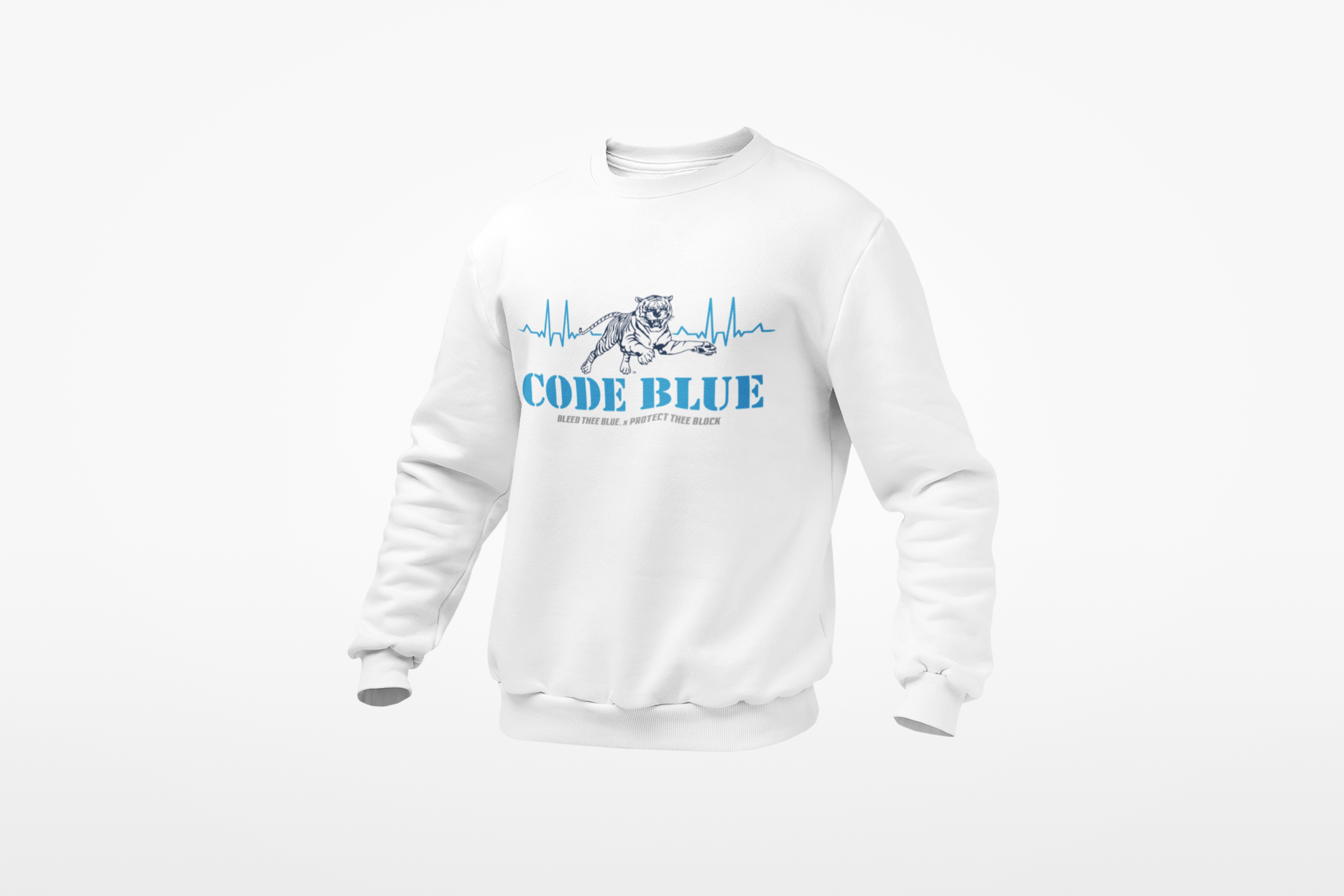 White crewneck sweatshirt with Code Blue graphic on chest