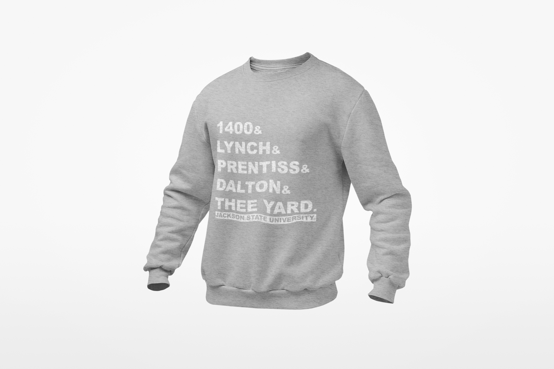 Heather gray crewneck sweatshirt with '1400&amp; LYNCH&amp; PRENTISS&amp; DALTON&amp; THEE YARD' print
