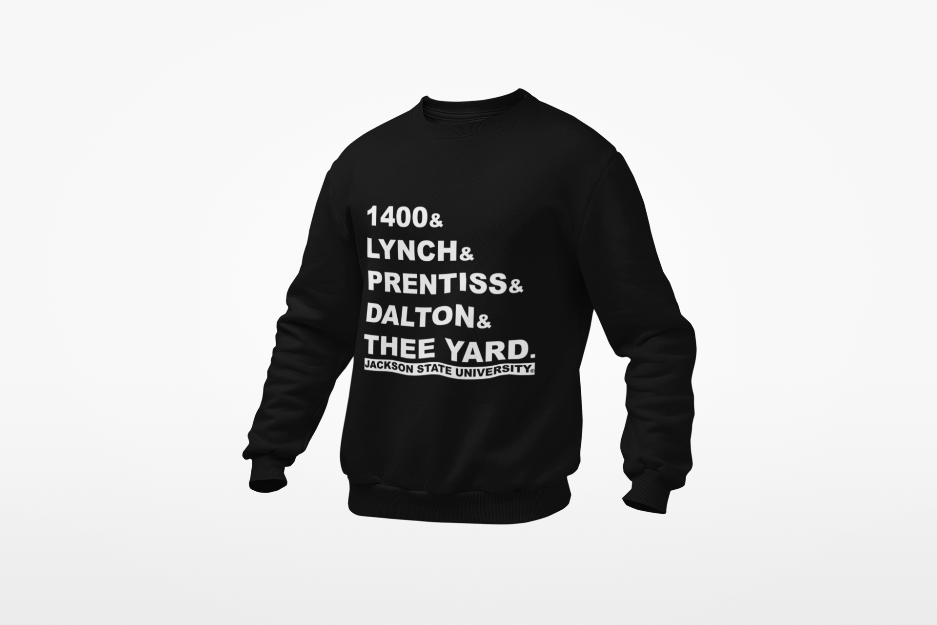 Black crewneck sweatshirt with '1400&amp; LYNCH&amp; PRENTISS&amp; DALTON&amp; THEE YARD' front print