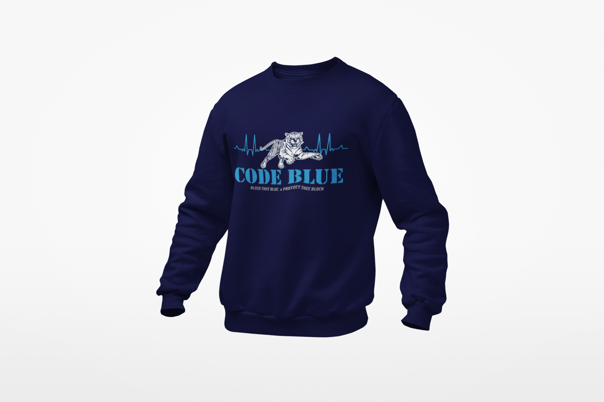 Youth crewneck sweatshirt, navy with blue 'CODE BLUE' graphic