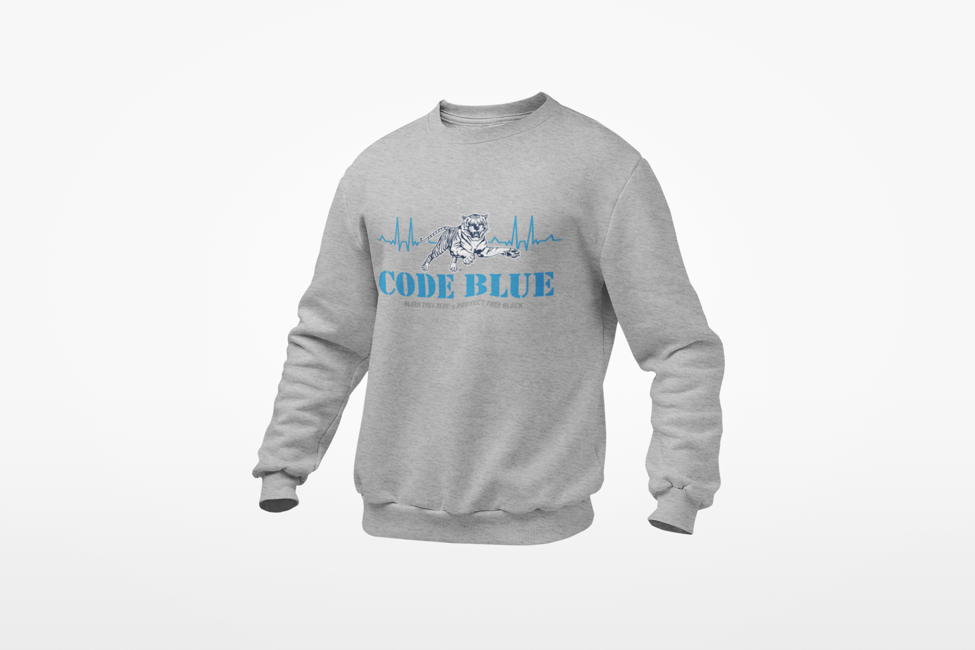 Heather gray crewneck sweatshirt with Code Blue graphic on chest