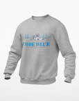 Heather gray crewneck sweatshirt with Code Blue graphic on chest