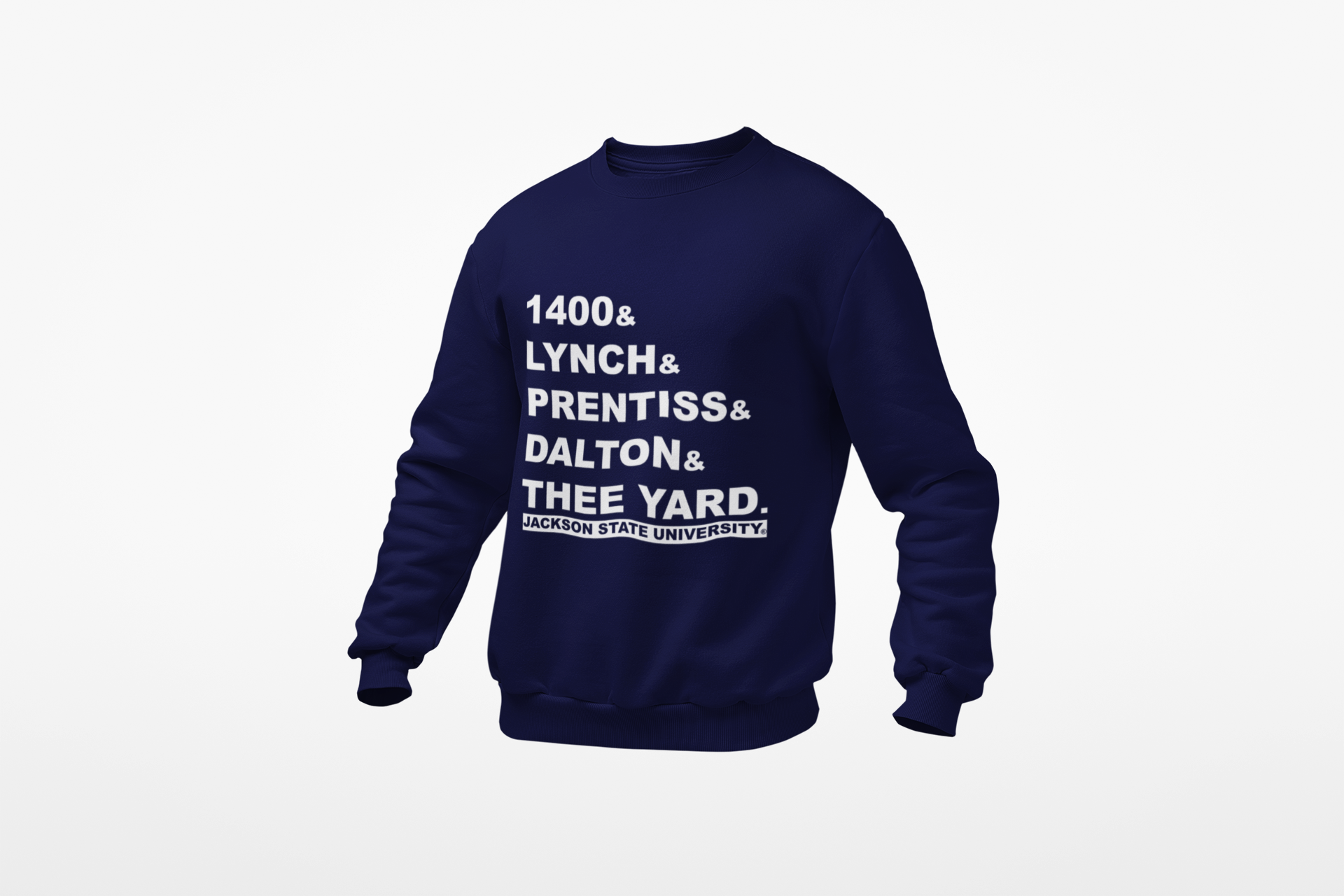Navy blue crewneck sweatshirt with '1400&amp; LYNCH&amp; PRENTISS&amp; DALTON&amp; THEE YARD' print