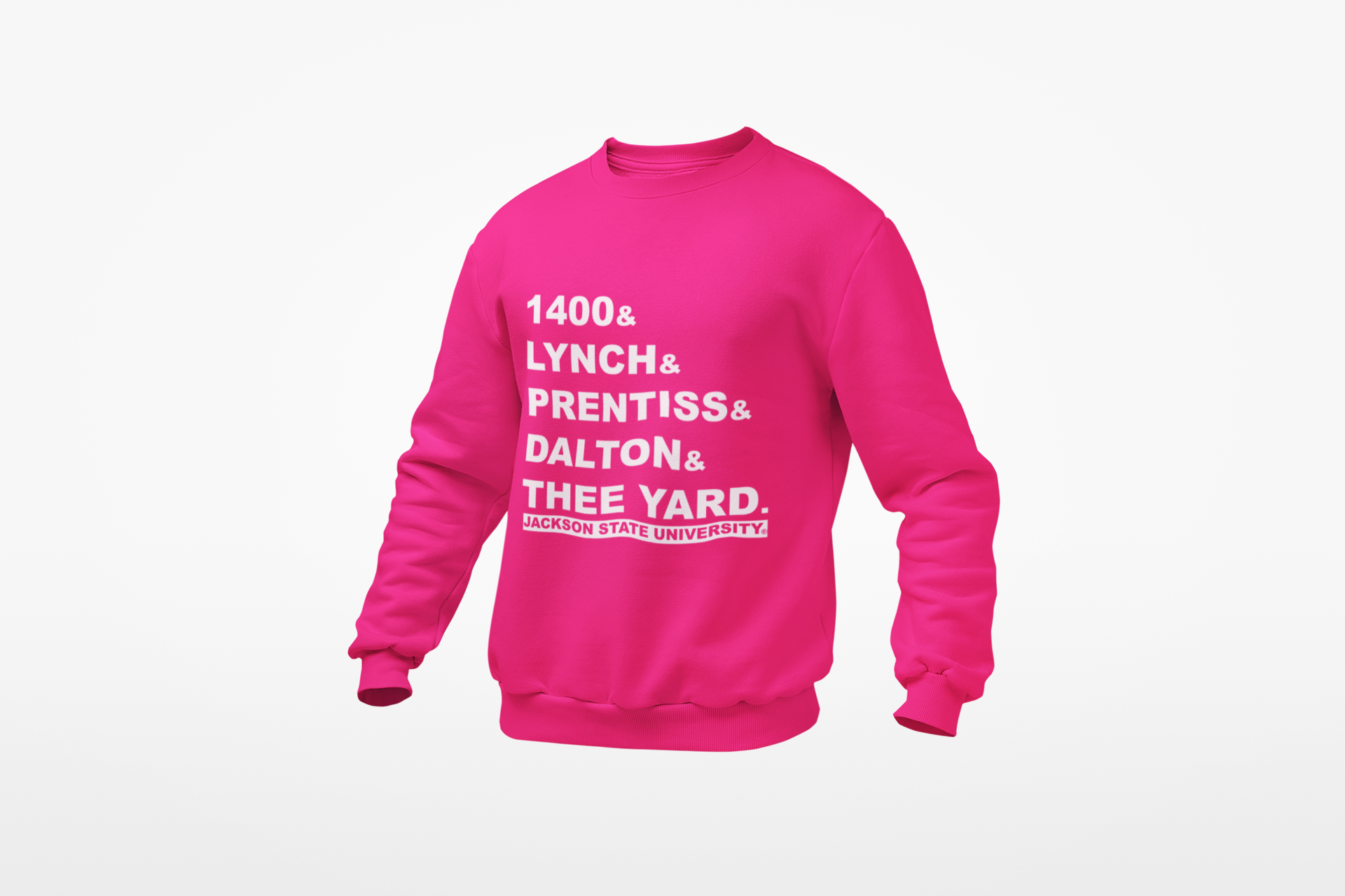 Pink crewneck sweatshirt with '1400&amp; LYNCH&amp; PRENTISS&amp; DALTON&amp; THEE YARD' text graphic