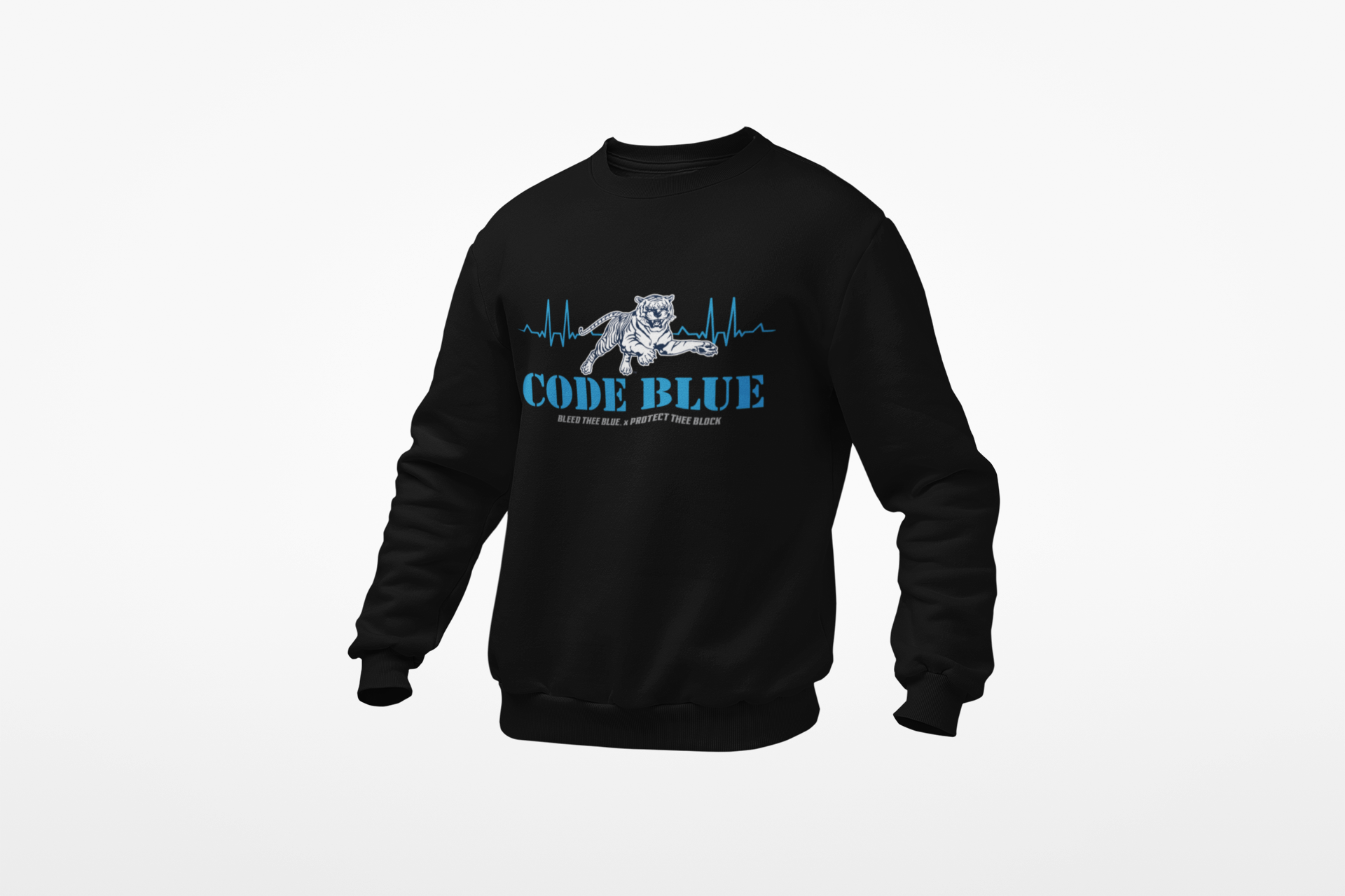 Youth crewneck sweatshirt, black with blue 'CODE BLUE' graphic