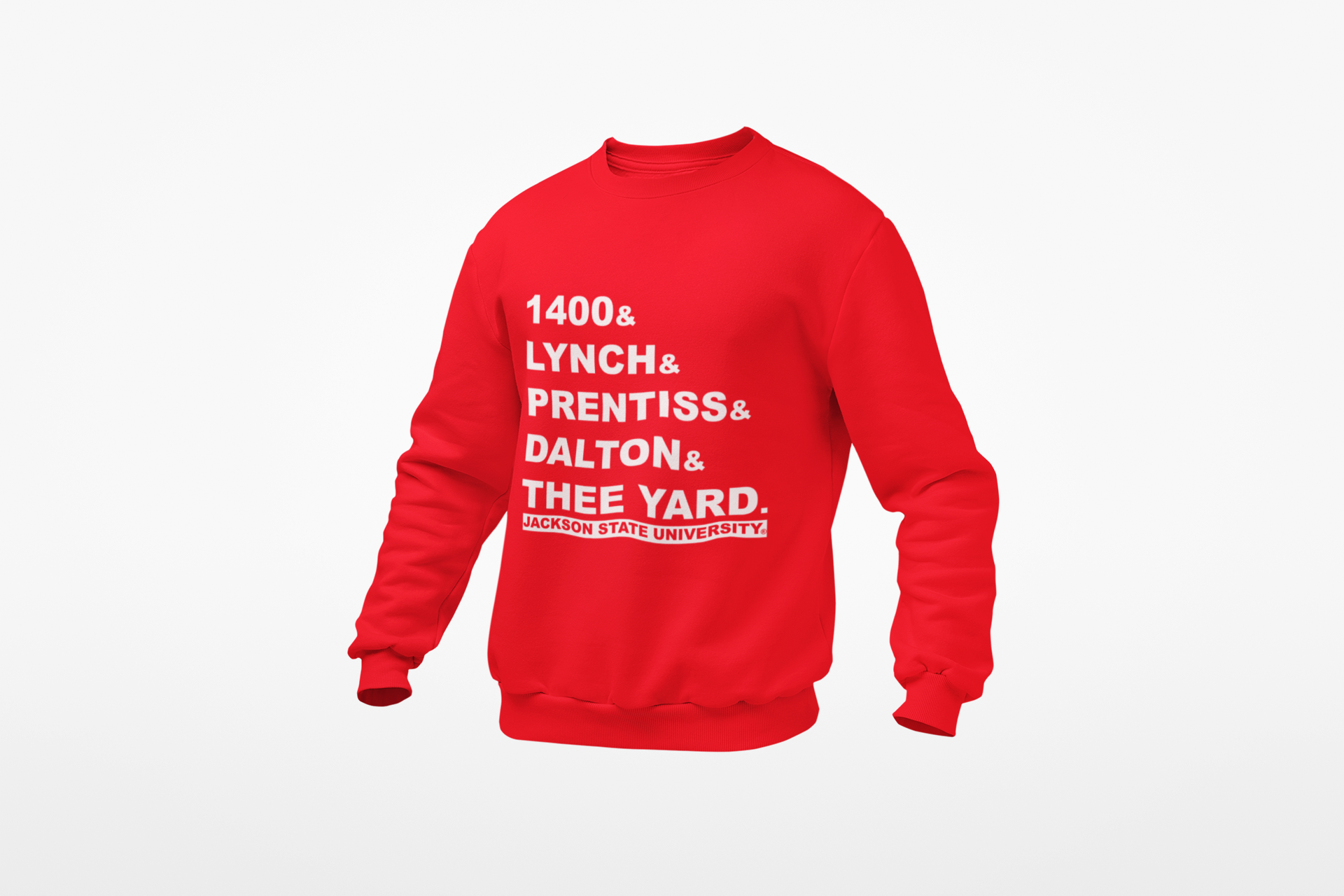 Red crewneck sweatshirt with '1400&amp; LYNCH&amp; PRENTISS&amp; DALTON&amp; THEE YARD' text graphic