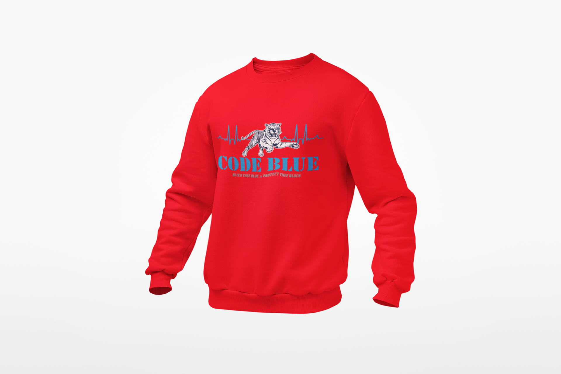 Youth crewneck sweatshirt, red with blue 'CODE BLUE' graphic
