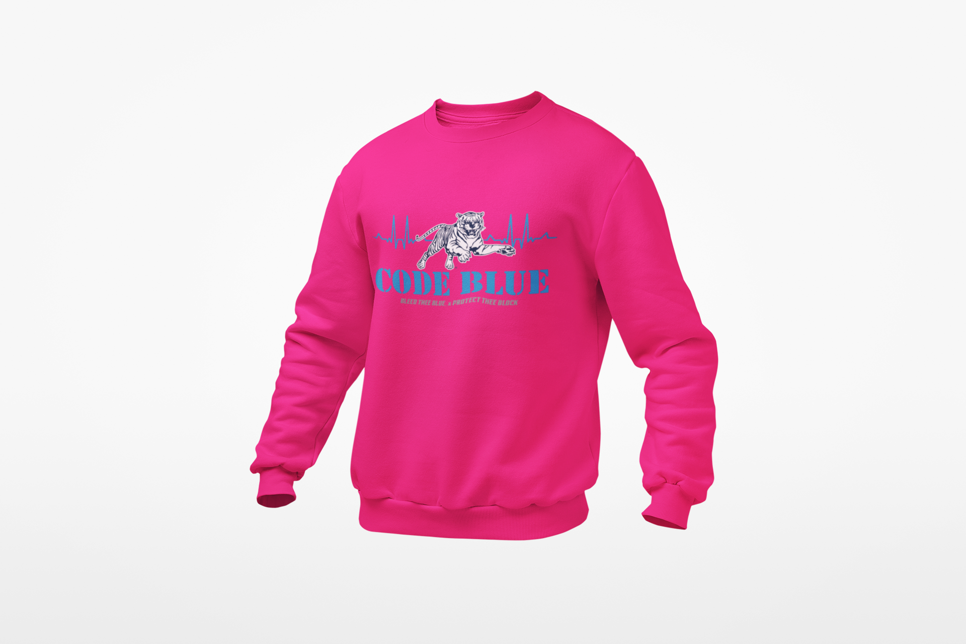 Pink crewneck sweatshirt with Code Blue graphic on chest